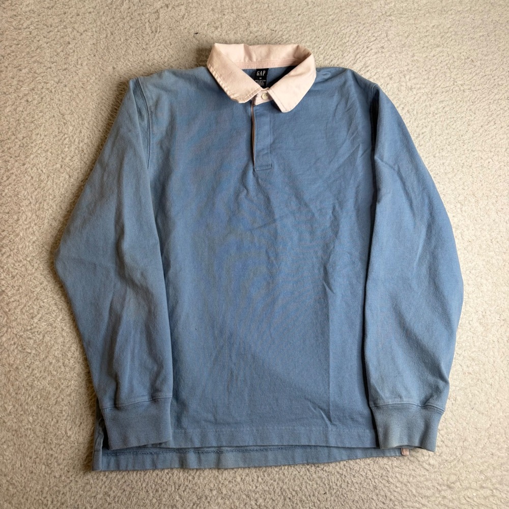 Vintage GAP Mens Rugby Shirt Light Blue Cream Collar Cotton M heavy 90s